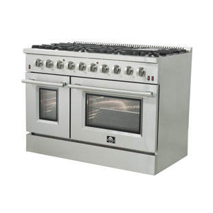 FORNO Galiano 48-inch Gas Range Stainless Steel, 8 Burners, 107,000 BTU, Griddle, Double Ovens