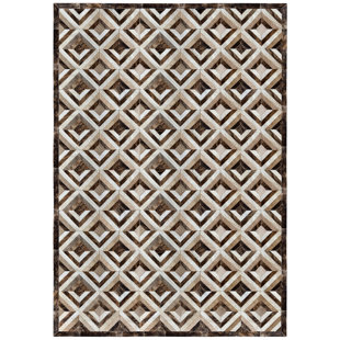 COWHIDE MALL Pandora Plus Geometric Cowhide Leather Brown/Beige/Off White Area Rug