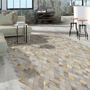 COWHIDE MALL Demeter Handmade Cowhide Leather Ivory/Gold Rug