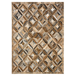 COWHIDE MALL Margot Geometric Cowhide Leather Jasper/Beige/Gray Area Rug