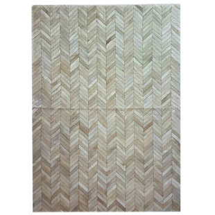 COWHIDE MALL Atlas Handmade Cowhide Leather Ivory/Green/Gray Rug