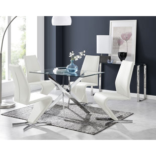 CANORA GREY Lenworth Chrome and Glass Rectangular Dining Table Set with 4 Modern Design Faux Leather Chairs