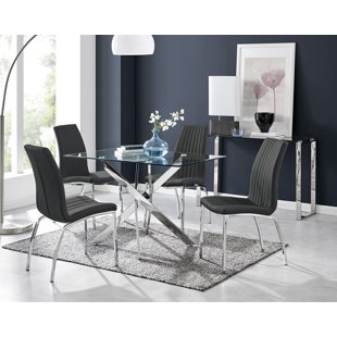 CANORA GREY Lenworth Chrome and Glass Rectangular Dining Table Set with 4 Soft Touch Faux Leather Chairs