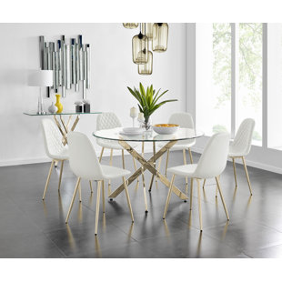 CANORA GREY Tierra Modern Chrome Metal & Glass Round Dining Table Set with 6 Luxury Faux Leather Chairs