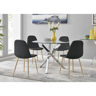 CANORA GREY Seline Modern Round Dining Table Set in Glass and Chrome with 4 Luxury Faux Leather Dining Chairs
