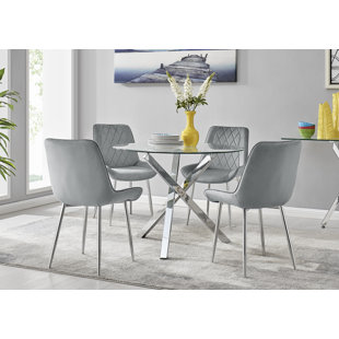 CANORA GREY Seline Modern Round Dining Table Set in Glass and Chrome with 4 Luxury Velvet Leather Chairs