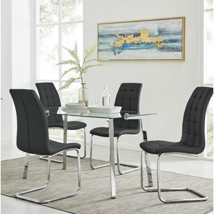 CANORA GREY Cosmic Luxury Glass and Chrome Dining Table Set with 4Modern Faux Leather Dining Chairs