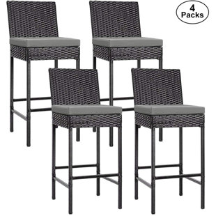 EBERN DESIGNS Aize Wicker Outdoor 27.5'' Bar Stool with Cushion (Set of 4)