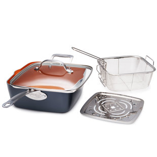 Gotham Steel 9.5" Deep Squre Nonstick Pan with Steamer Tray, Fry Basket and Glass Lid