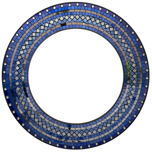 DAKOTA FIELDS Zorigs Mosaic Mirror, Wall Art Décor – Handcrafted Decorative Wall Mirror, Indigo, Silver, and Blue Mosaic Mirror, 24” Round Mirror for Hallway, Bedroom, Bathroom, Living Room