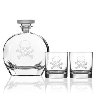 ROLF GLASS Skull and Cross Bones 3 Piece Whiskey Decanter Set