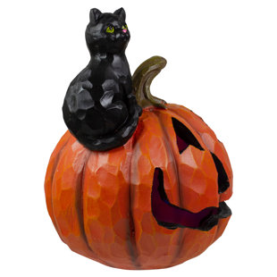 NORTHLIGHT SEASONAL 10" LED Lighted Jack-O-Lantern and Black Cat Tabletop Halloween Figure