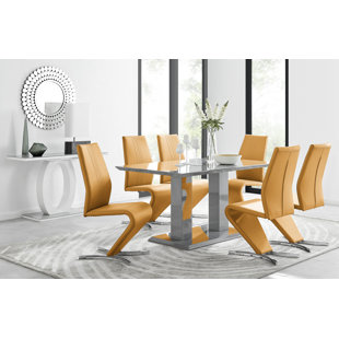 CANORA GREY Edzard Double Pedestal High Gloss Dining Table Set with 6 Luxury Faux Leather Dining Chairs