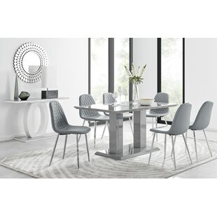 EAST URBAN HOME Eubanks High Gloss Double Pillar Dining Table Set with 6 Luxury Faux Leather Dining Chairs