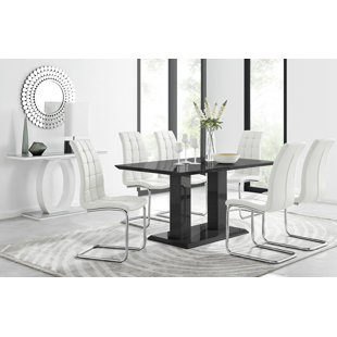 CANORA GREY Edzard Double Pedestal High Gloss Dining Table Set with 6 Modern Faux Leather Dining Chairs