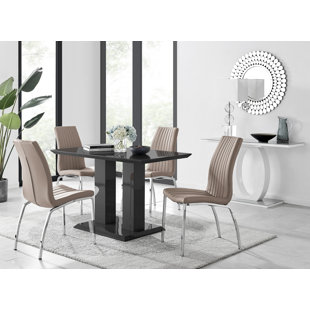 CANORA GREY Edzard Double Pedestal High Gloss Dining Table Set with 4 Soft Touch Faux Leather Dining Chairs