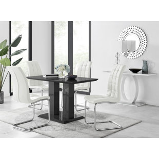CANORA GREY Edzard Double Pedestal High Gloss Dining Table Set with 4 Modern Faux Leather Dining Chairs