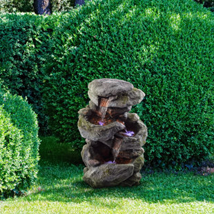 MILLWOOD PINES Alpine Fiberglass Outdoor 3-Tier Rock Water Fountain with Light