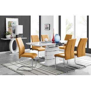 EAST URBAN HOME Everson Large High Gloss Extendable Dining Set with 6 Luxury Faux Leather Upholstered Dining Chairs