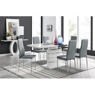 CANORA GREY Renne Modern High Gloss Extendable Dining Table Set With 8 Quilted Faux Leather Dining Chairs