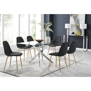 CANORA GREY Lenworth Chrome and Glass Rectangular Dining Table Set with 6 Luxury Faux Leather Chairs