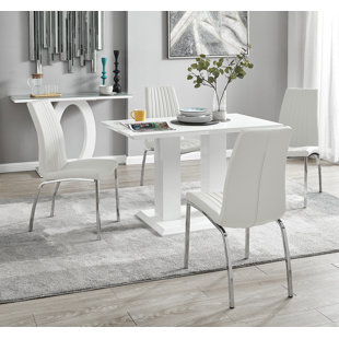 CANORA GREY Edzard Double Pedestal High Gloss Dining Table Set with 4 Soft Touch Faux Leather Dining Chairs