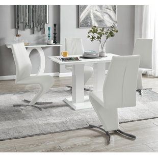 CANORA GREY Edzard Double Pedestal High Gloss Dining Table Set with 4 Modern Faux Leather Dining Chairs