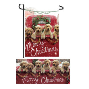 EVERGREEN ENTERPRISES, INC Winter Christmas Red Truck with Puppies Garden Burlap Flag and Sassafras 2 Piece Non-Slip Outdoor Door Mat Set