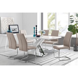 EAST URBAN HOME Edzard Chrome & White High Gloss Dining Table Set with 6 Luxury Faux Leather Dining Chairs