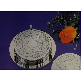 HEIM CONCEPT Stainless Steel Round 7 Piece Coaster Set With Holder (Set of 7)