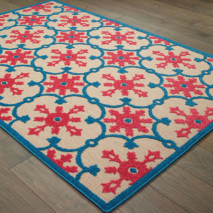 BUNGALOW ROSE Luisa Floral Indoor/Outdoor Area Rug in Pink/Blue/Sand