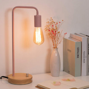 CELLPAK Pink Desk Lamps Modern Table Work Lamp Wooden for Girls Room Bedroom with Metal Corded Electric