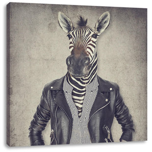 HAPPY LARRY Leinwandbild Zebrakopf mit menschlichem Körper mit Lederjacke