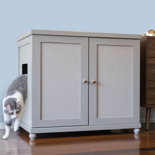 THE REFINED FELINE The Refined Litter Box - Wood Cat Litter Box Enclosure Cabinet with Drawer, Modern Style + Feet