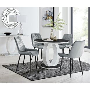 EAST URBAN HOME Scottsmoor 4 Seater High Gloss Round Dining Table Set with 4 Luxury Velvet Upholstered Dining Chairs