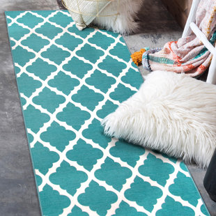MY MAGIC CARPET Moroccan Trellis Teal Geometric Flatweave Teal/White Area Rug