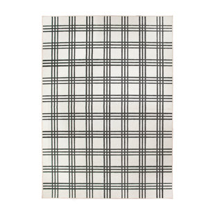 MY MAGIC CARPET Plaid Black And Cream Washable Plaid Rug