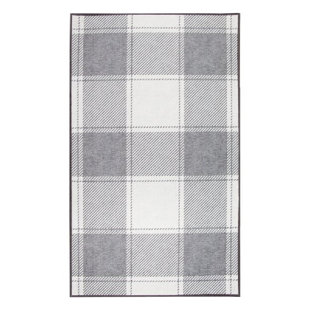 MY MAGIC CARPET Buffalo Plaid Grey And White Plaid Flatweave Brown/Ivory Washable Area Rug