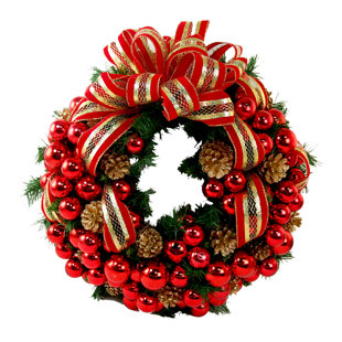 CREATIVE DISPLAYS, INC. Holiday Wreath with Red Ornaments, Pinescones and Red and Gold Ribbon