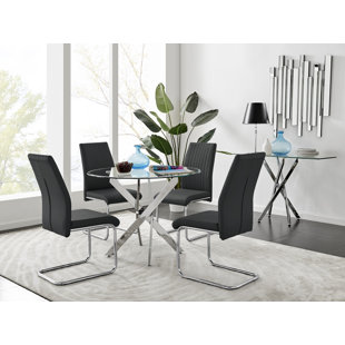 CANORA GREY Tierra Modern Chrome Metal & Glass Round Dining Table Set with 4 Upholstered Faux Leather Chairs