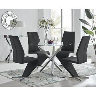 CANORA GREY Seline Modern Round Dining Table Set in Glass and Chrome with 4 Modern Design Faux Leather Chairs