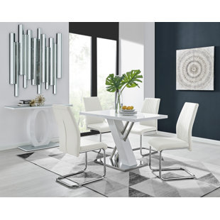 CANORA GREY Sorro Cross Luxury High Gloss & Chrome Dining Table Set with 4 Upholstered Faux Leather Chairs