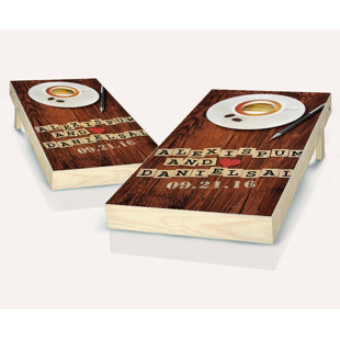 AJJ CORNHOLE 2' x 4' Couples Word Game Wedding Solid Wood Cornhole Set with Bags