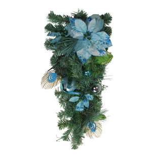 NORTHLIGHT SEASONAL 22" Peacock Feather and Poinsettia Artificial Christmas Teardrop Swag Unlit