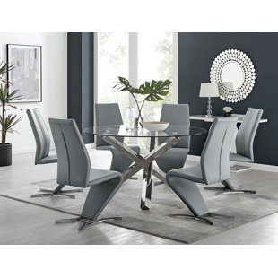 CANORA GREY Vogo Modern Design Chrome and Glass Dining Table Set with 6 Modern Design Faux Leather Dining Chairs