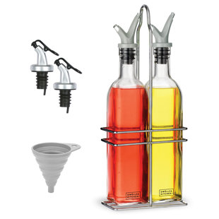 DWËLLZA KITCHEN 17 oz. Oil and Vinegar Cruet Dispenser Set, Includes Funnel, 4 Spouts and Stainless Steel Rack (Set of 2)