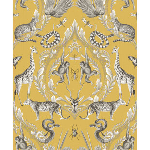 GALERIE WALLCOVERINGS Bazaar Metallic Jungle Menagerie Damask 33' L x 21" W Wallpaper Roll