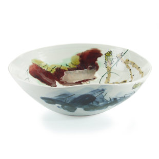 JOHN-RICHARD Curled-Rim Ceramic Abstract Farmhouse / Country Decorative Bowl in Oxblood/Green