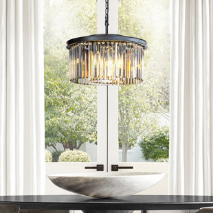 MERCER41 9-Lights Modern 20" Matte Black 2-Tier Round Fringe Crystal Chandelier