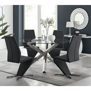 CANORA GREY Vogo Modern Design Chrome and Glass Dining Table Set with 4 Modern Design Faux Leather Dining Chairs